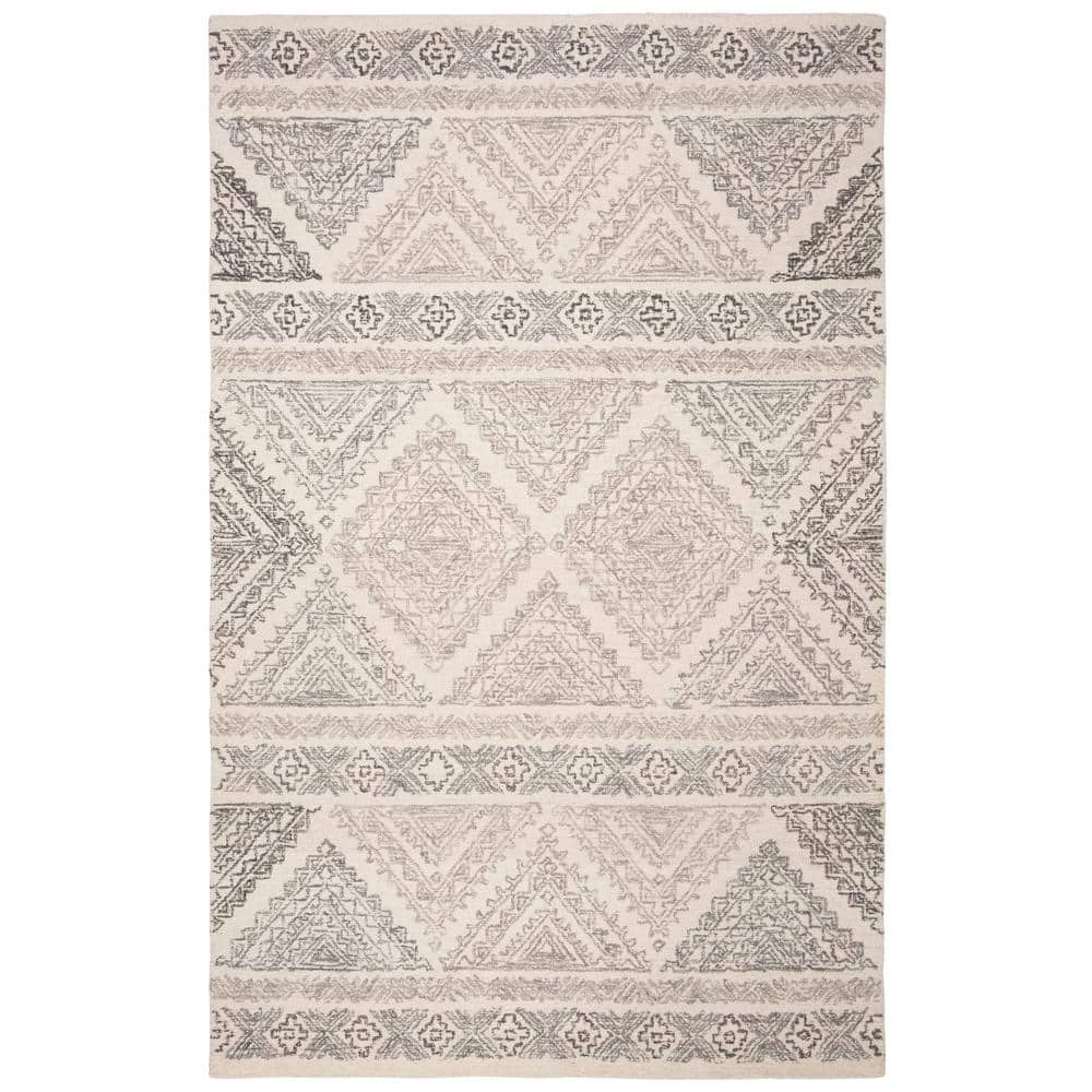 Ivory and Light Brown Geometric Wool 4' x 6' Handmade Tufted Rug