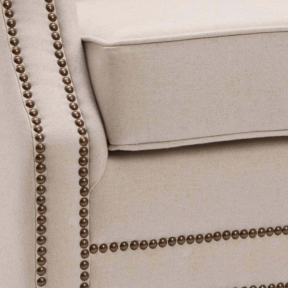 Beige Linen Arm Chair with Dark Cherry Wood Legs