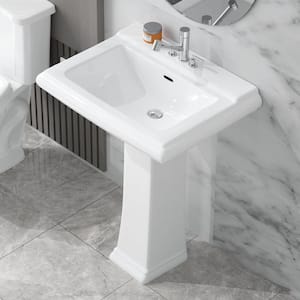 White Vitreous China Rectangular Pedestal Combo Bathroom Sink in White with 4 in. Centerset Faucet Holes