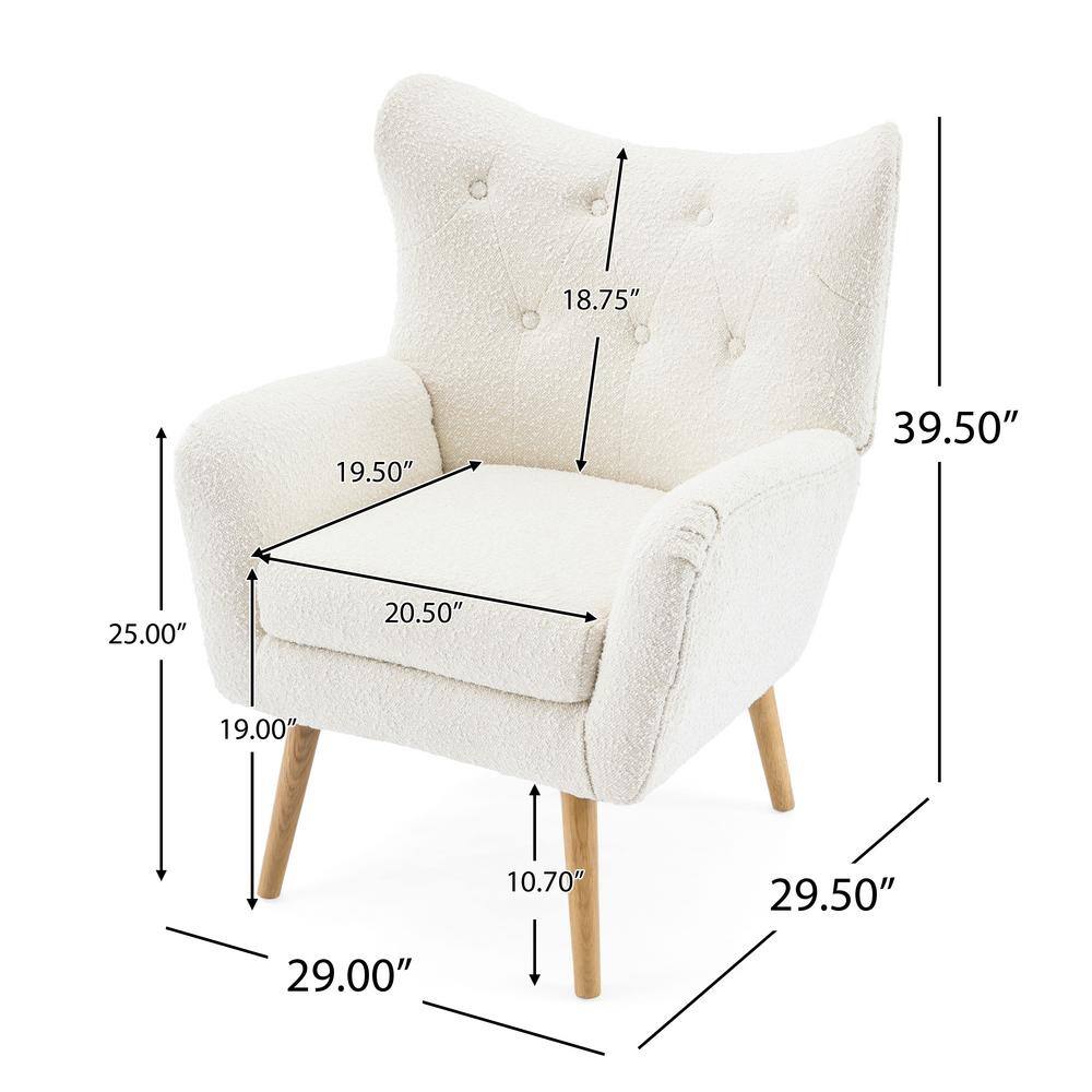 White Boucle Upholstered Accent Chair with Natural Wood Legs