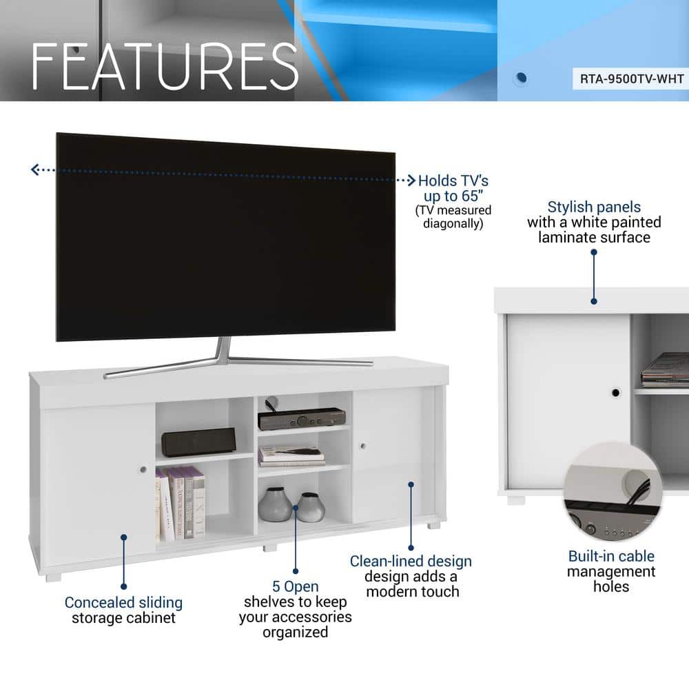 Modern White Particleboard TV Stand with Open Shelves and Cabinet