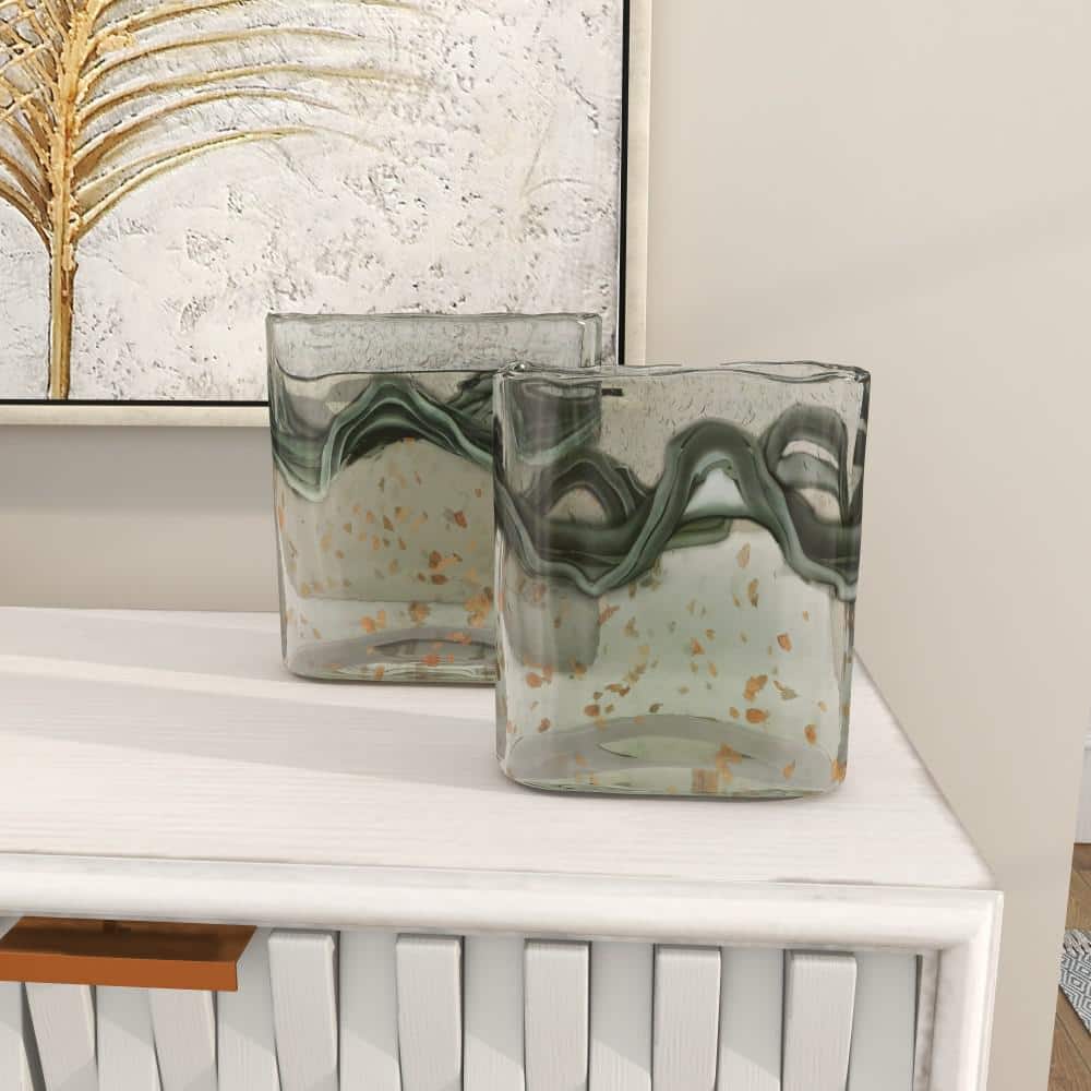 Elegant Gray Glass Vase Duo with Speckled Wave Design