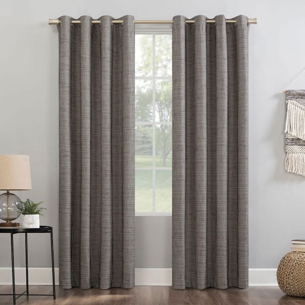 Sun Zero Kline Burlap Weave Thermal 100% 52 in. W x 96 in. L Blackout Grommet Curtain Panel in Taupe/Cocoa