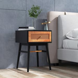 15 in. Black Square Wooden Nightstand Modern Bedside End Table with Storage Drawer and Solid Wood Legs