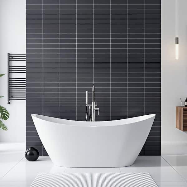 Skylar 59 in. x 30.75 in. Soaking Bathtub with Center Drain in Matte White with Pillow