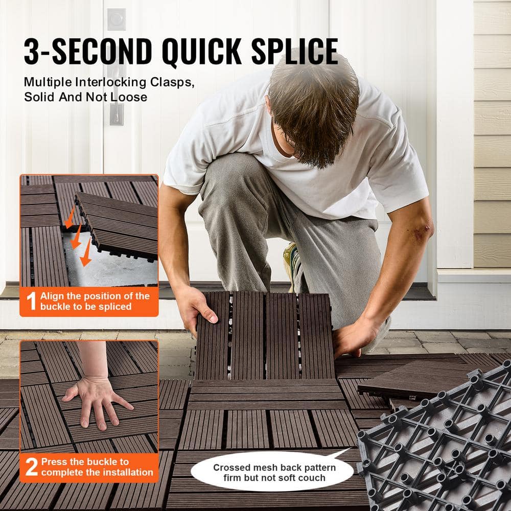 Dark Brown Composite Interlocking Waterproof Deck Tiles, 12" x 12"