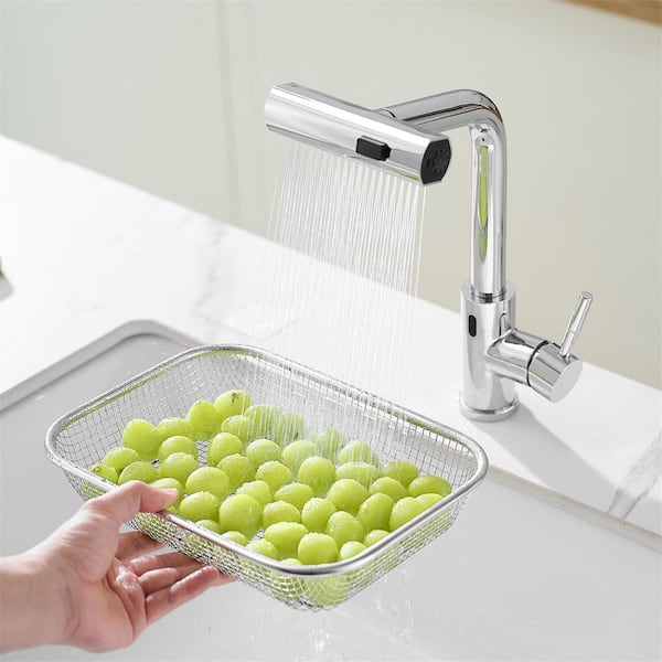 Chrome 304 Stainless Steel Waterfall Single Handle Pull Out Sprayer Kitchen Faucet with 360°Swivel