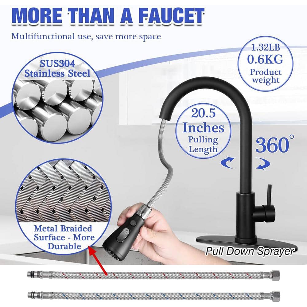 Matte Black Stainless Steel Pull-Down Kitchen Faucet with Spray