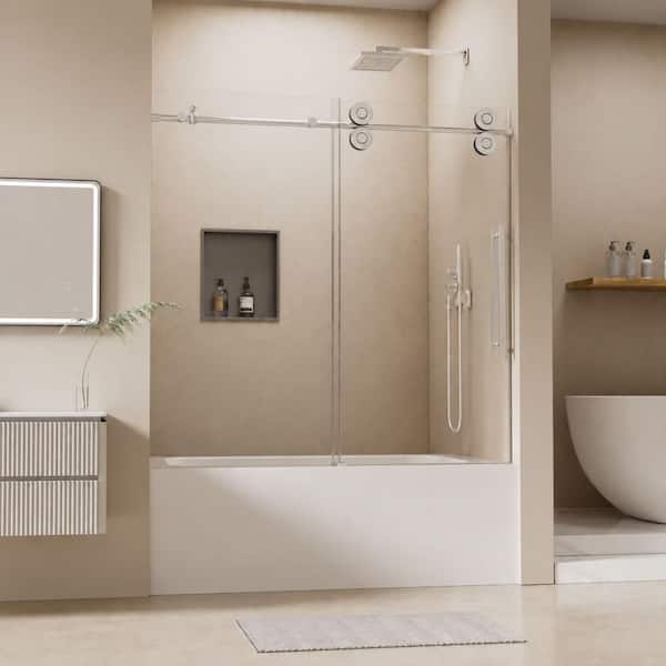 56 in.-60 in. W x 60 in. H Single Sliding Frameless Tub Door in Chrome with 5/16 in. Clear Tempered Glass