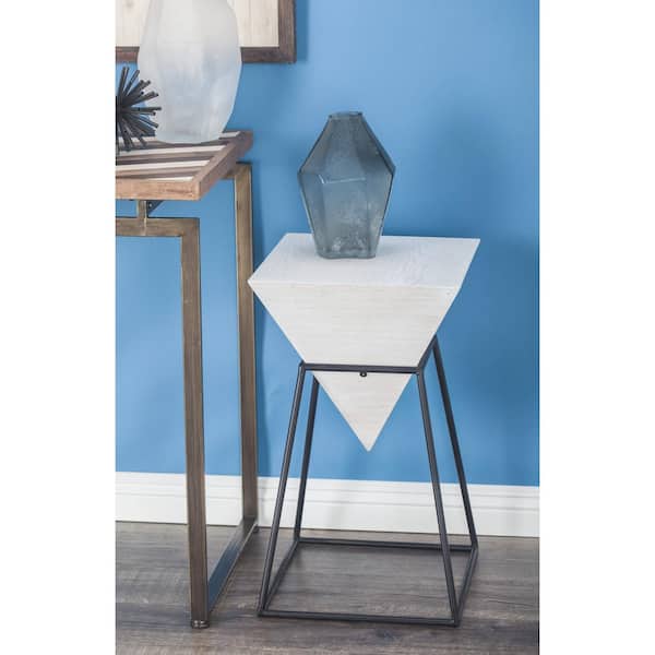 Litton Lane 14 in. White Inverted Pyramid Geometric Large Triangle Wood End Table with Black Metal Stand