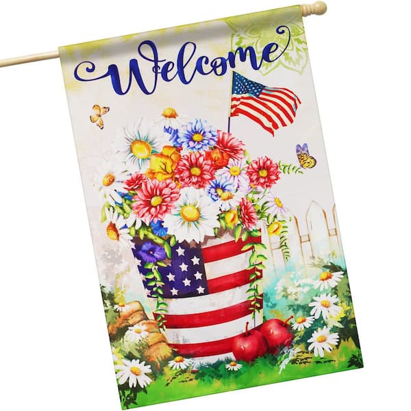 28 in. x 40 in. Polyester Welcome USA Patriotic Flower Pot Flag 2-Sided Printed