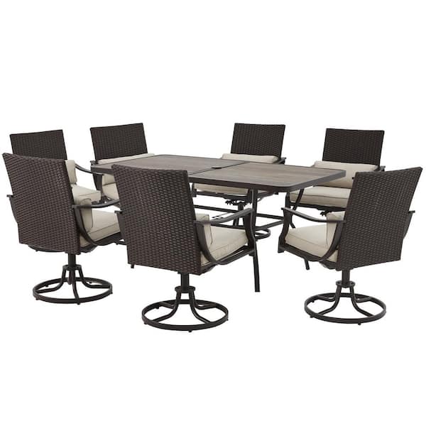 HOMMOW 7-Piece Metal Outdoor Dining Set 1 Rectangular Table (1.96 in. Umbrella Hole) and 6 Swivel Dining Chairs w/ Gray Cushion