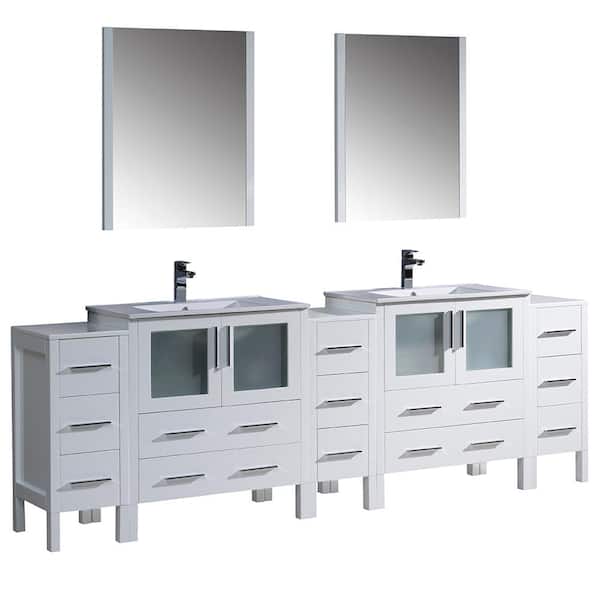 Torino 96 in. Double Vanity in White with Ceramic Vanity Top in White with White Basins and Mirrors
