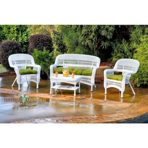 Portside 4pc White Wicker Patio Furniture Seating Set with Hunter Husk Cushions (Wicker Chairs, Loveseat, and Table)