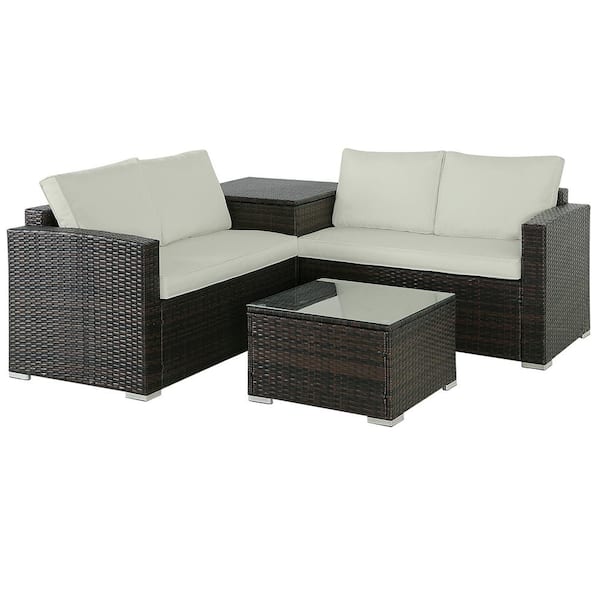 Unbranded 4-Piece Gray Wicker Outdoor Sectional Sofa with White Cushion and Storage Box for Backyard Porch Poolside