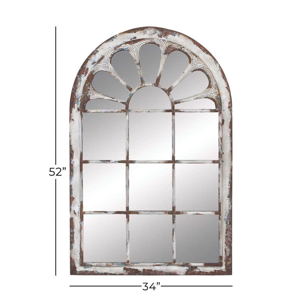 White Distressed Wood Arched Windowpane Wall Mirror