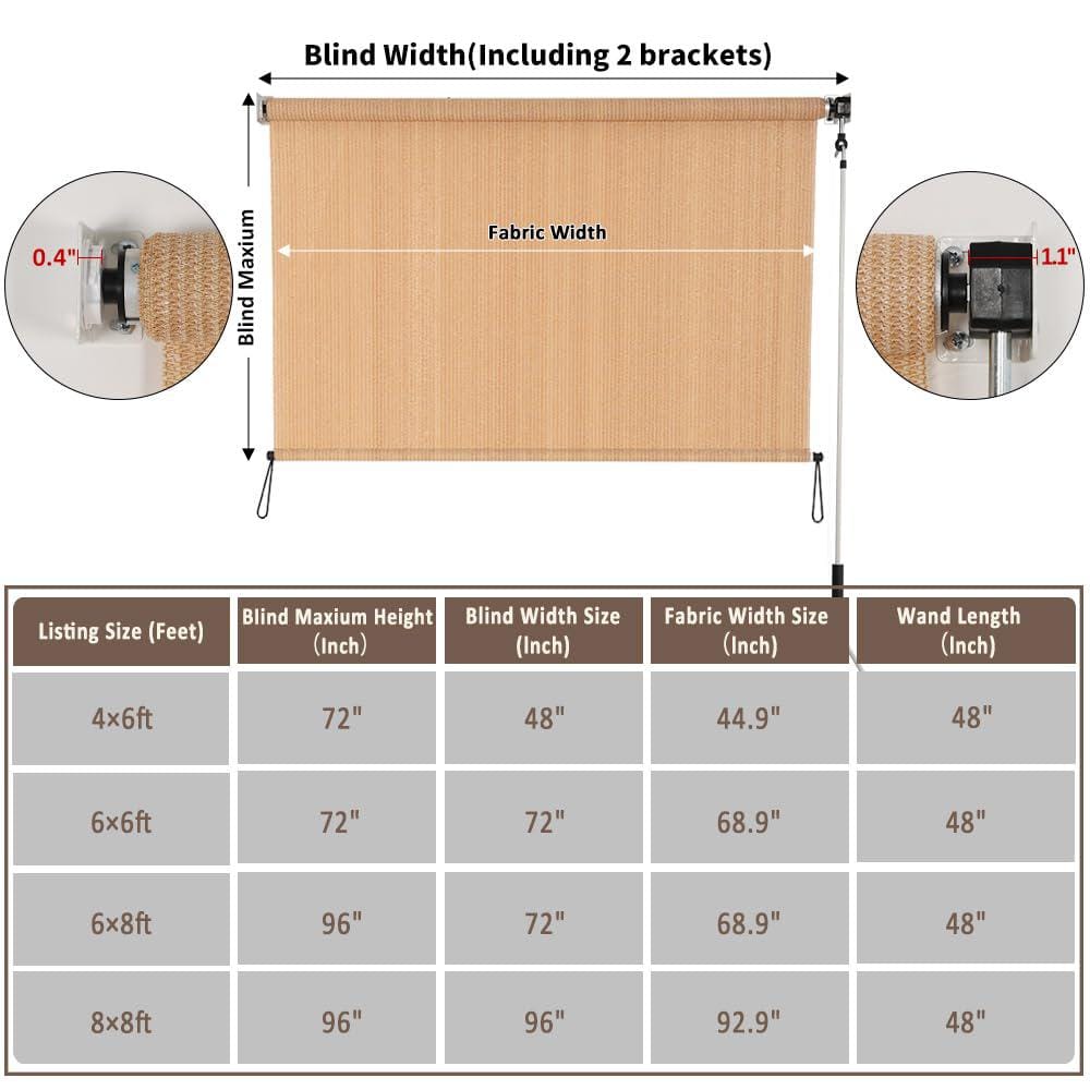Walnut Cordless Roll-Up Outdoor Fabric Shade, 6' x 6'