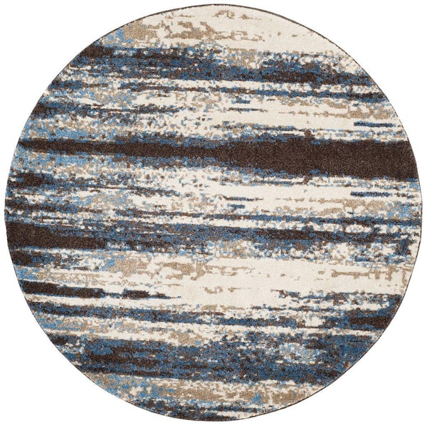 SAFAVIEH Retro Cream/Blue 8 ft. x 8 ft. Round Striped Area Rug