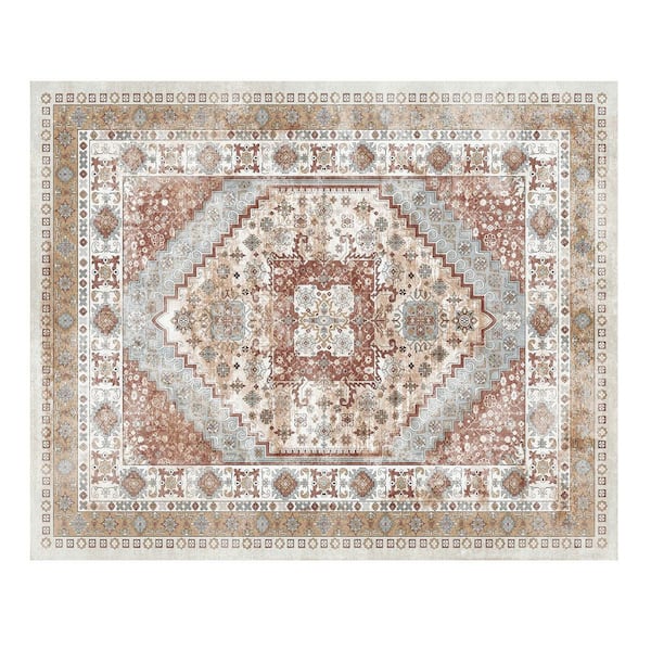 8 x 10 ft. Washable Area Rug, Vintage, Tear-Resistant, Pet and Child Friendly 360g Faux Cashmere TPR Backing Brown Red