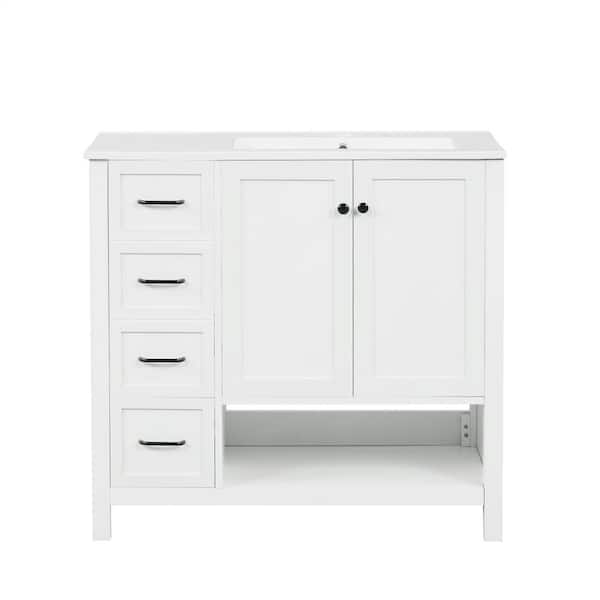 36 in. W x 18 in. D x 34 in. H Bathroom Vanity with Single Sink and White Ceramic Top, 2-Doors and 2-Drawers, White