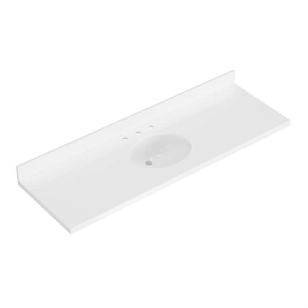 ARIEL 67 in. W x 22 in. D in Pure White Quartz with 1.5 in Thick Milter Edge with White Round Single Sink Vanity Top in White