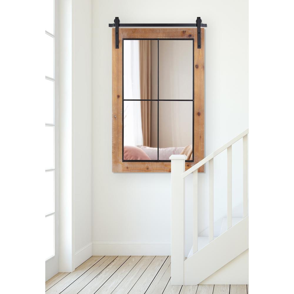 Rustic Brown Wood Windowpane Framed Wall Mirror