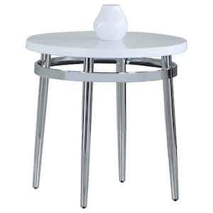 24 in White and Chrome Round Faux Carrara Faux Marble End Table