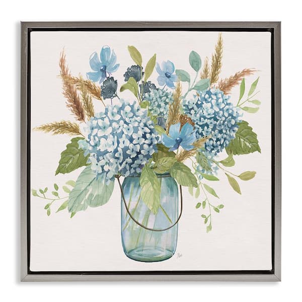 Stupell Industries Hydrangea in Mason Jar by Nan Gray Floater Frame Nature Graphic Art Print 25 in. x 25 in.