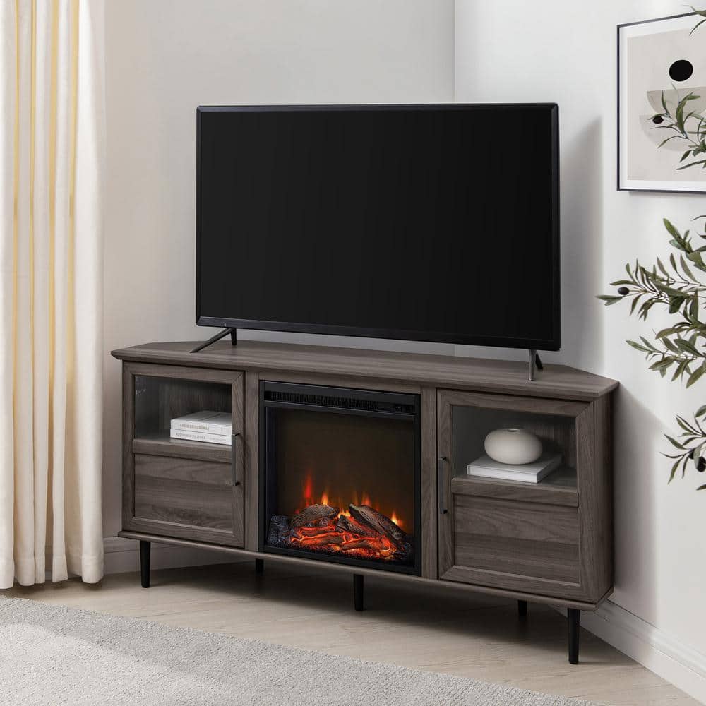 Welwick Designs 54 in. Slate Grey Wood Electric Fireplace Corner TV ...