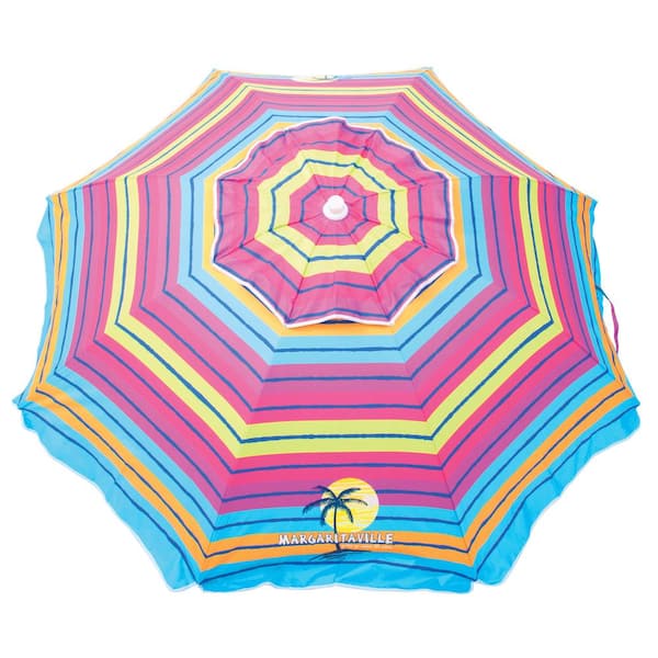 Margaritaville 6.5 ft. Steel Pole Market Tilt Beach and Patio Umbrella in Pink/Yellow/Blue Striped