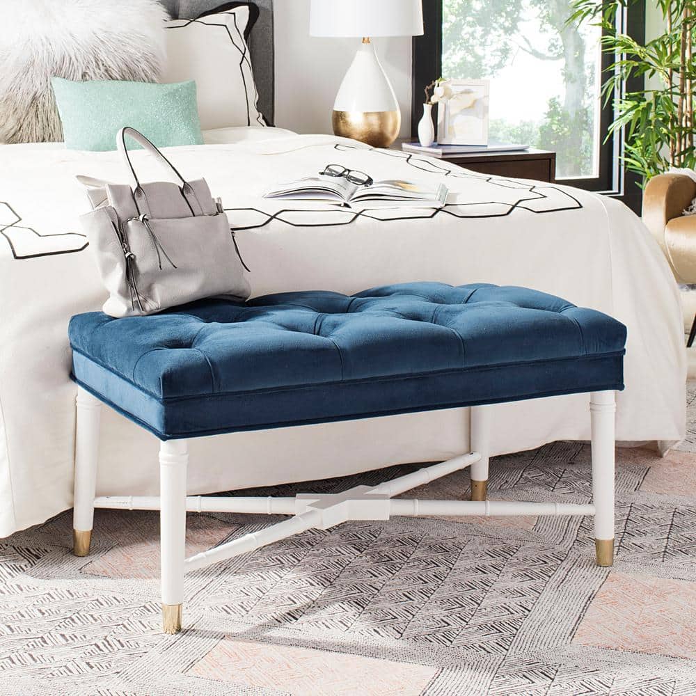 Navy Velvet Tufted Bench with White Bamboo Detail and Brass Capped Feet