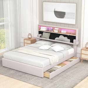 Beige Wood Frame Full Size Upholstered Platform Bed with Adjustable Headboard, LED, USB Charging and 2-Drawers