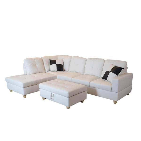 Star Home Living White Faux Leather 3, Leather Sectional Sofa With Chaise And Ottoman