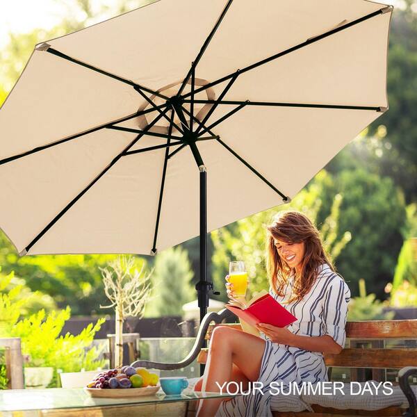 PASAMIC 10 ft. Market Patio Umbrella with Base and Push Button Tilt in Beige PASAMIC 10 ft. Market Patio Umbrella with Base and Push Button Tilt in Beige