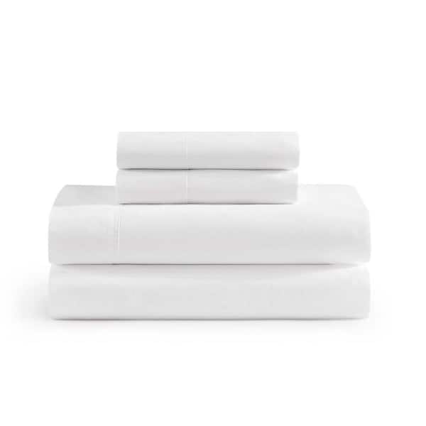 TH Solid 4-Piece White Cotton Queen Sheet Set
