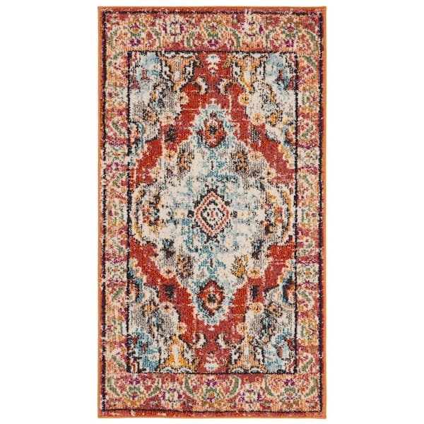 Monaco Orange/Light Blue 2 ft. x 4 ft. Distressed Border Medallion Area Rug