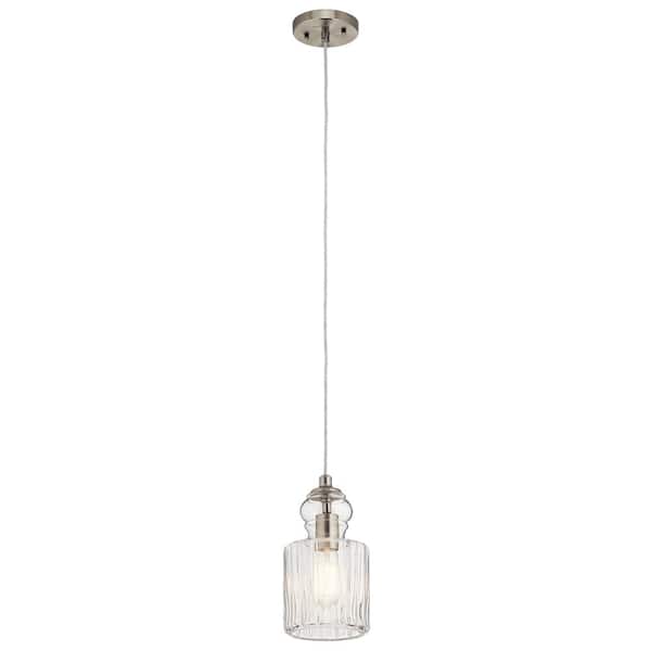 KICHLER Riviera 10.75 in. 1-Light Brushed Nickel Transitional Shaded Kitchen Mini Pendant Hanging Light with Clear Ribbed Glass