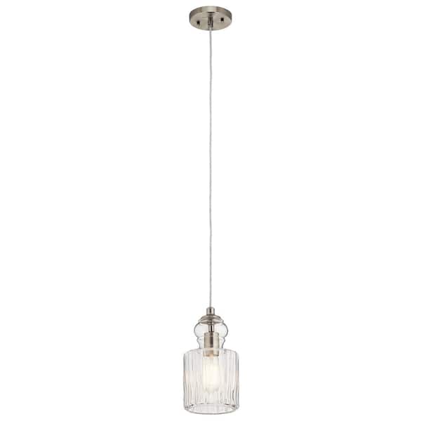 Riviera 10.75 in. 1-Light Brushed Nickel Transitional Shaded Kitchen Mini Pendant Hanging Light with Clear Ribbed Glass
