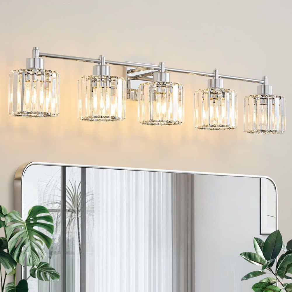 Modern Luxury 39.29 in. 5-Light Chrome Dimmable Bathroom Vanity Light with Crystal Shades price history on PriceWatchPro