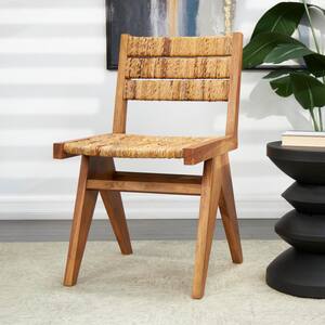 Light Brown Handmade Mid-Century Teak Wood Accent Chair with Wrapped Banana Leaf Seat (Set of 2)