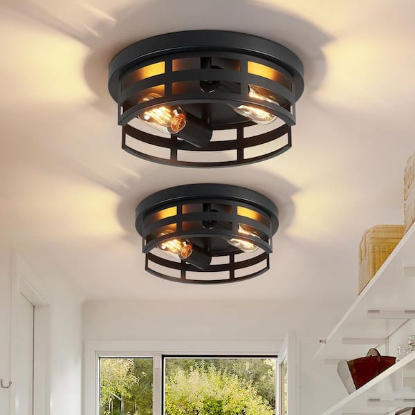 10.8 in. 2-Light Black Flush Mount Ceiling Light Fixture with Metal Caged Shade and No Bulbs Included (2-Pack)
