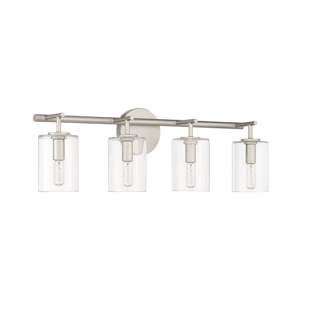 Satin Nickel 4-Light Vanity with Clear Glass Cylinder Shades