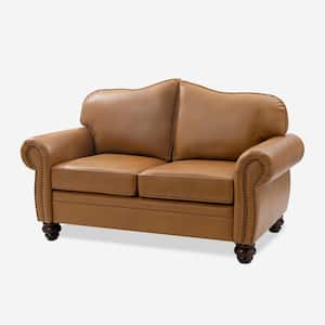 Rafael 60 in. Wide Rolled Arm Genuine Leather Rectangle Nailhead Trims Sofa in. Camel