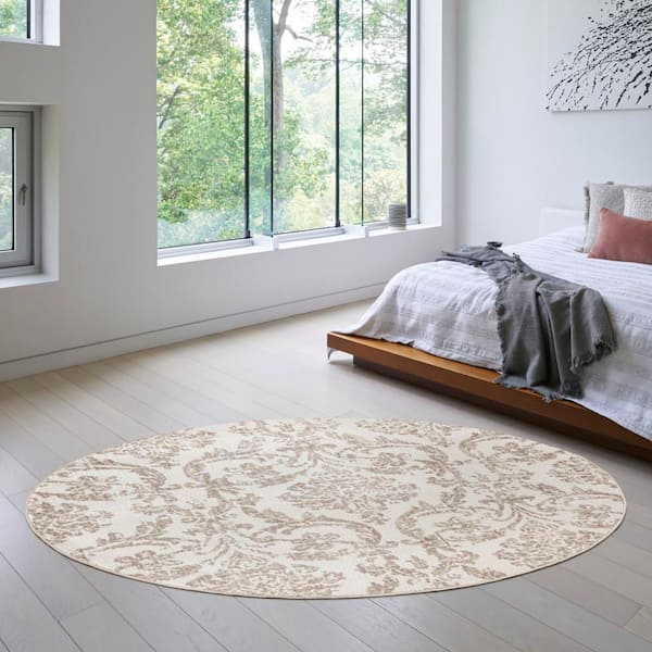 Jubilant Ivory Beige 8 ft. x 8 ft. Damask Transitional Round Area Rug