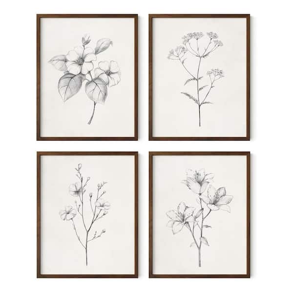 Unbranded 4 Piece Walnut Wood Framed Black and White Flower Wall Prints 14 in. x 11 in.