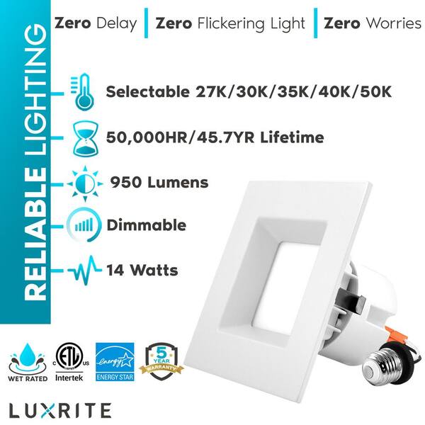 Luxrite 4 in. LED Recessed Light w/J-Box 12-Watt Selectable 1850 Lumens 4 Color Selectable Dimmable Wet Rated IC Rated (4-Pack)