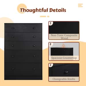 Oversized 5-Drawer Black Dressers Chest of Drawers with 2 Large Drawers 48.3 in. H x 31.5 in. W x 15.7 in. D