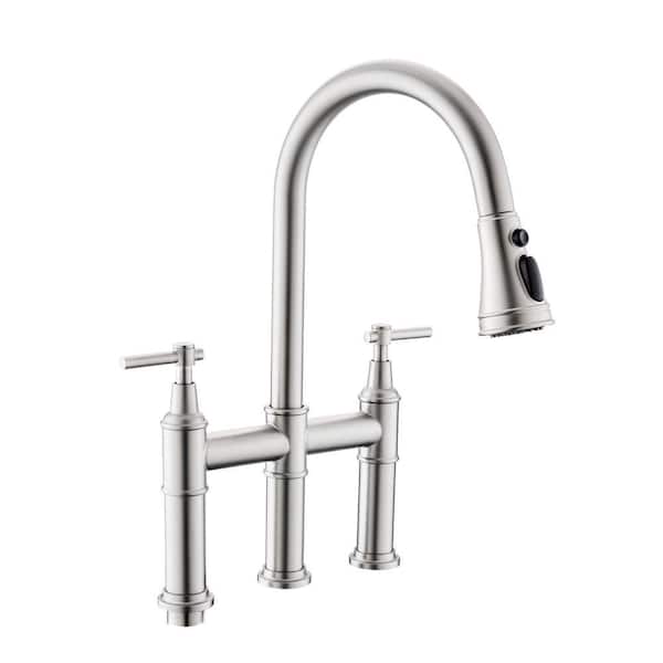 Double Handle Bridge Kitchen Faucet with Pull Down Sprayer in Brushed Nickel