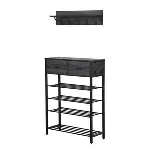 Black Entryway Shoe Shelf with 2-Drawers and Coat Rack, 1 Set Entryway Show Rack with Storage and Hooks ( 4-Tier)