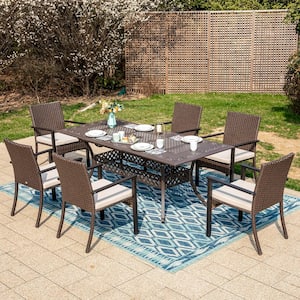 Black 7-Piece Metal Patio Outdoor Dining Set with Cast Aluminum Extendable Table and Rattan Chairs with Beige Cushion